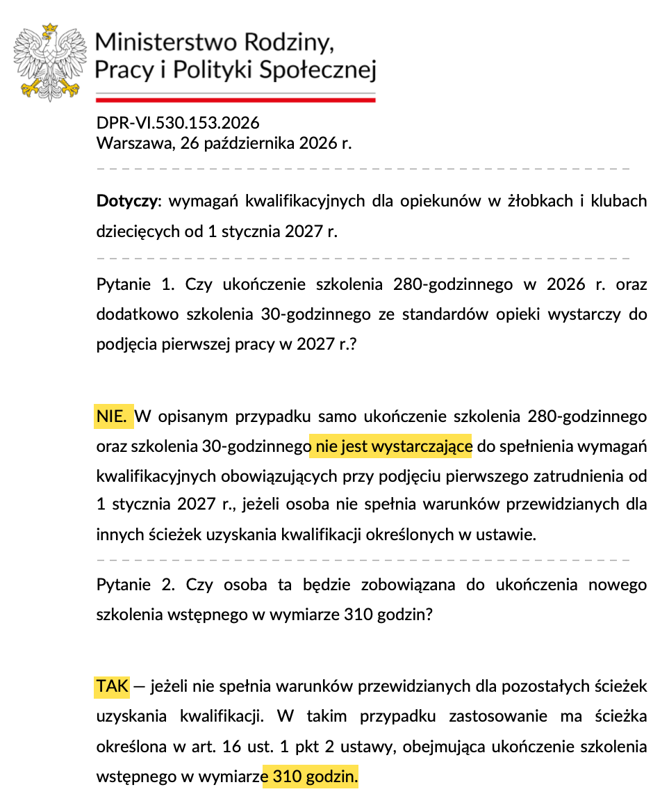 Fragment pisma MRPiPS DPR-VI.530.153.2026 z 26 października 2026: na pytanie, czy kurs 280 h i szkolenie 30 h wystarczą do podjęcia pierwszej pracy w 2027 r., odpowiedź NIE; na pytanie o 310 godzin odpowiedź TAK.