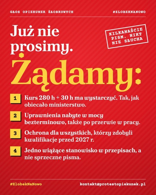 Plakat: Już nie prosimy. Żądamy: cztery żądania opiekunek.